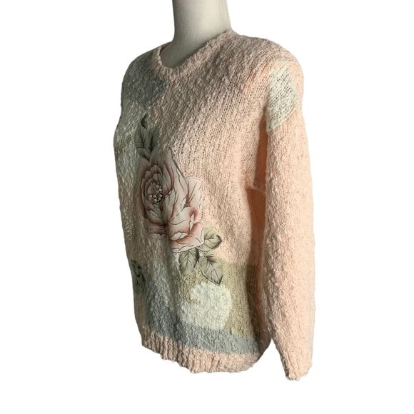 Vintage 80s Boucle Knit Sweater S Pink Embroidered Rose Applique Beaded Pullover - Picture 3 of 6
